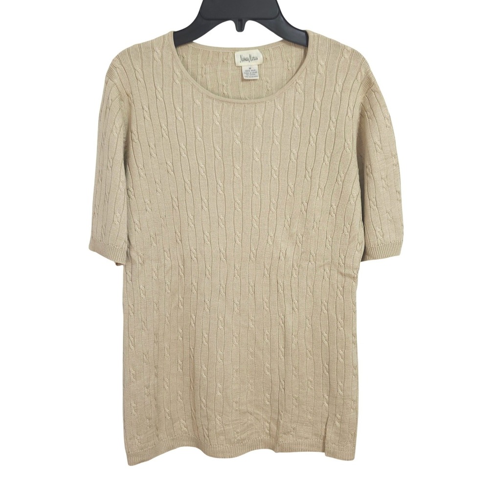 Neiman Marcus 100% Silk Cable Knit Short Sleeve Sweater Womens Medium Beige Top